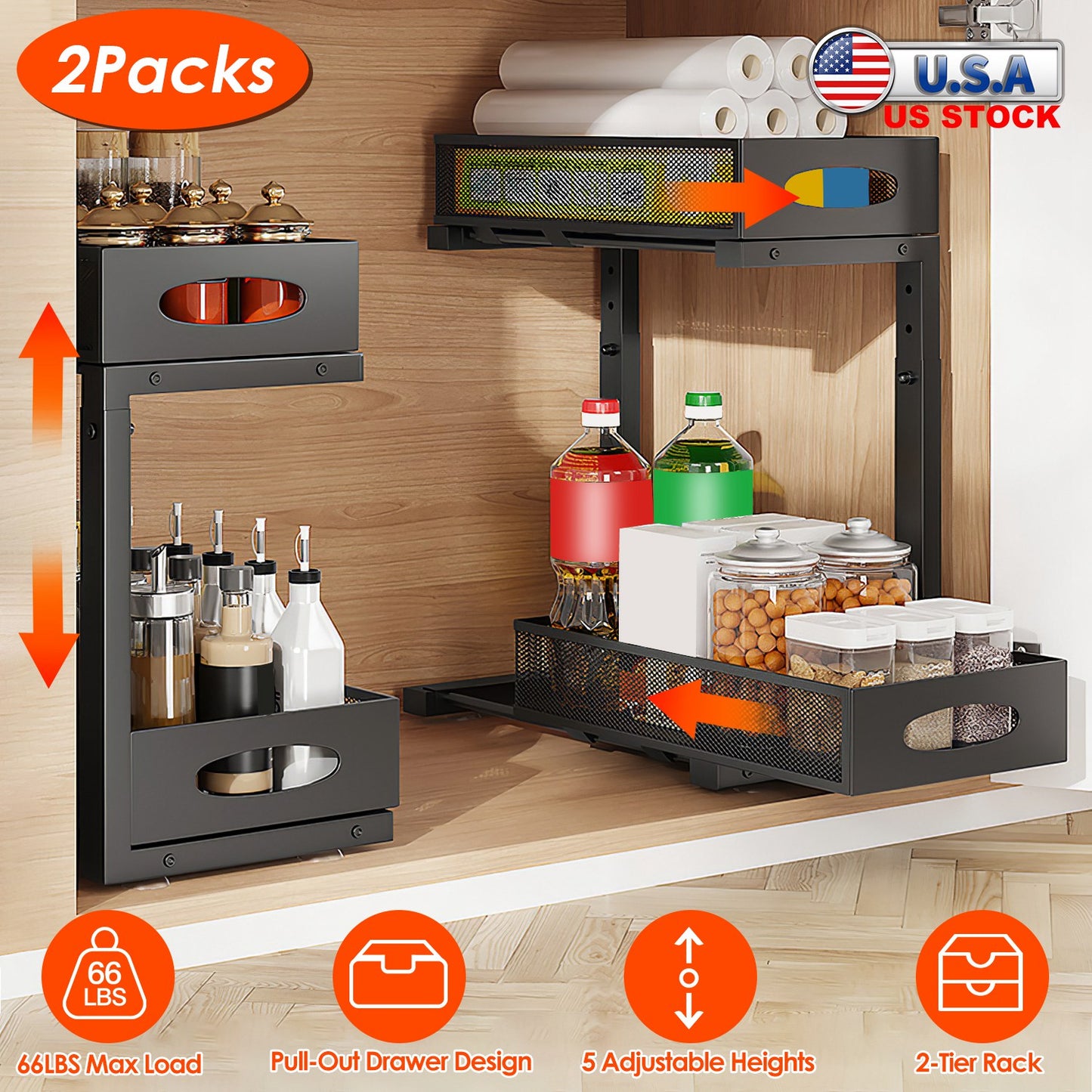 2-Tier Pull-Out Under Sink Organizer with Adjustable Height