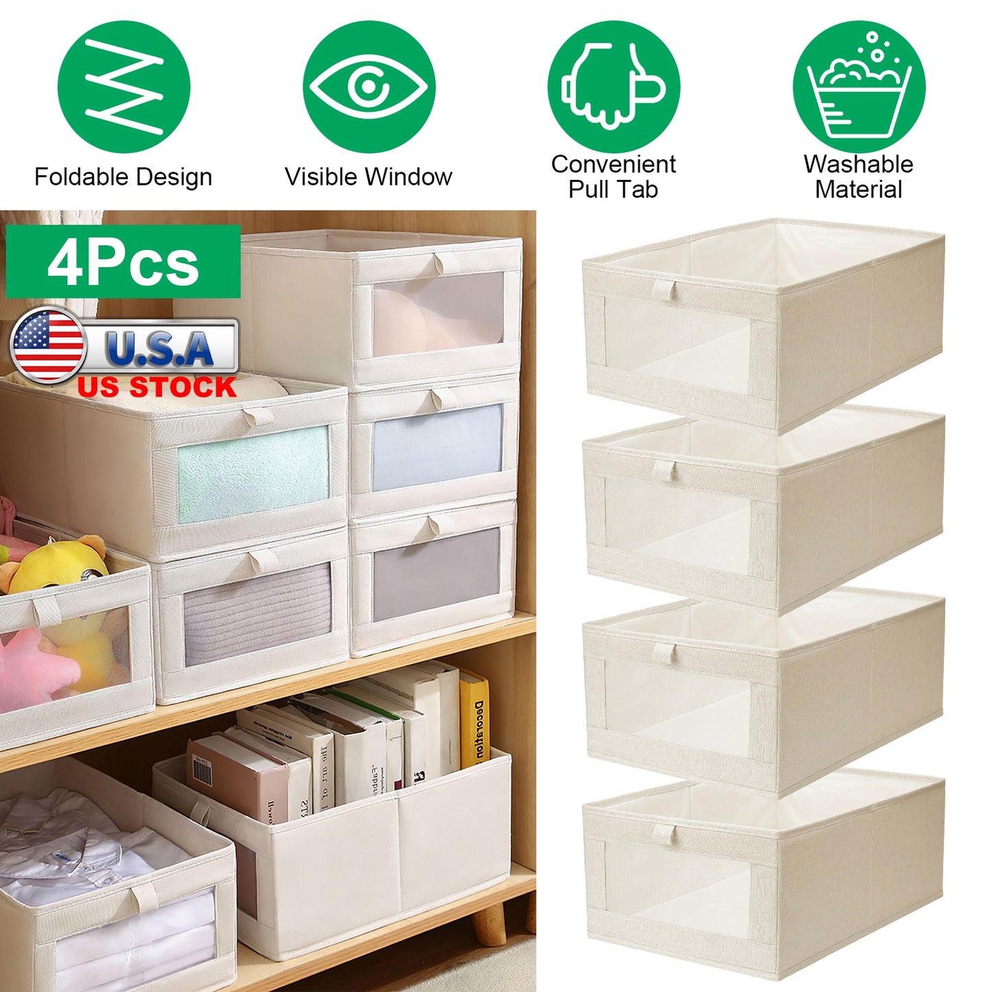 Foldable Linen Storage Bins with Clear Window - Set of 4
