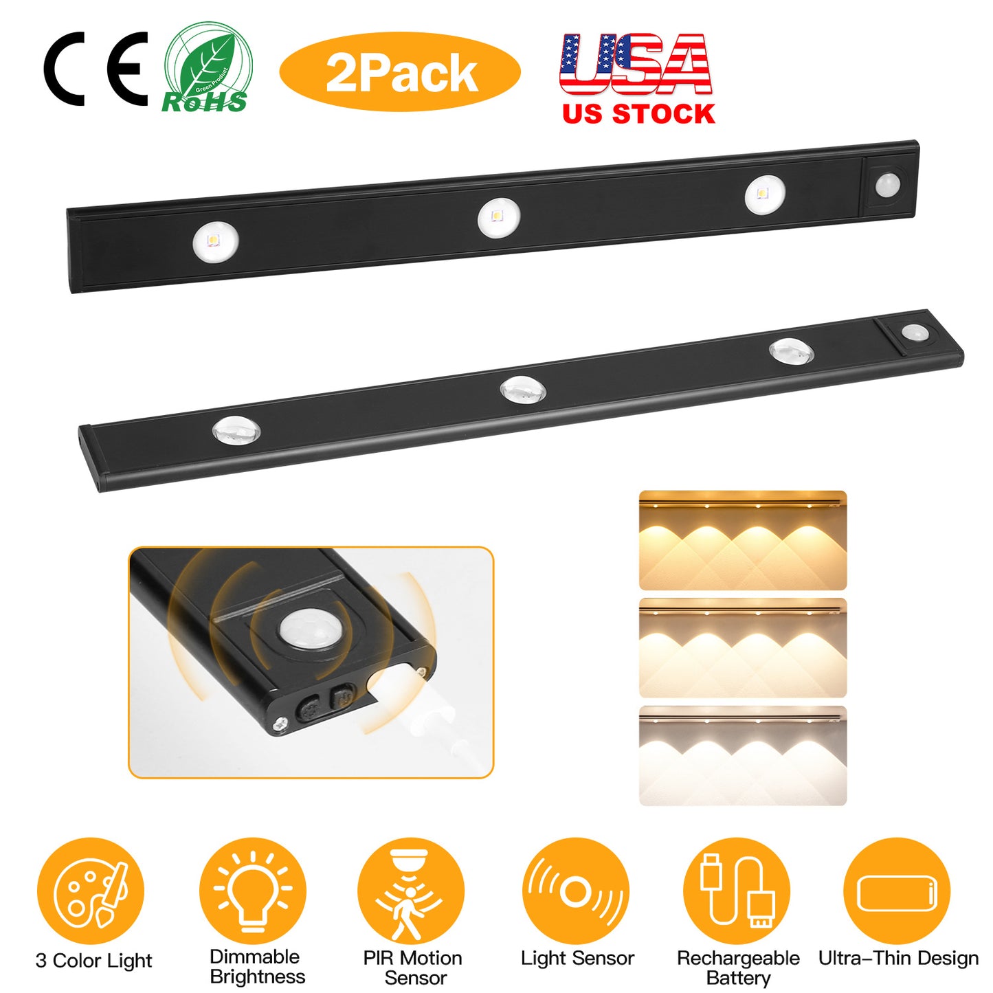 Rechargeable Motion Sensor Cabinet Light 2-Pack with 3 Colors