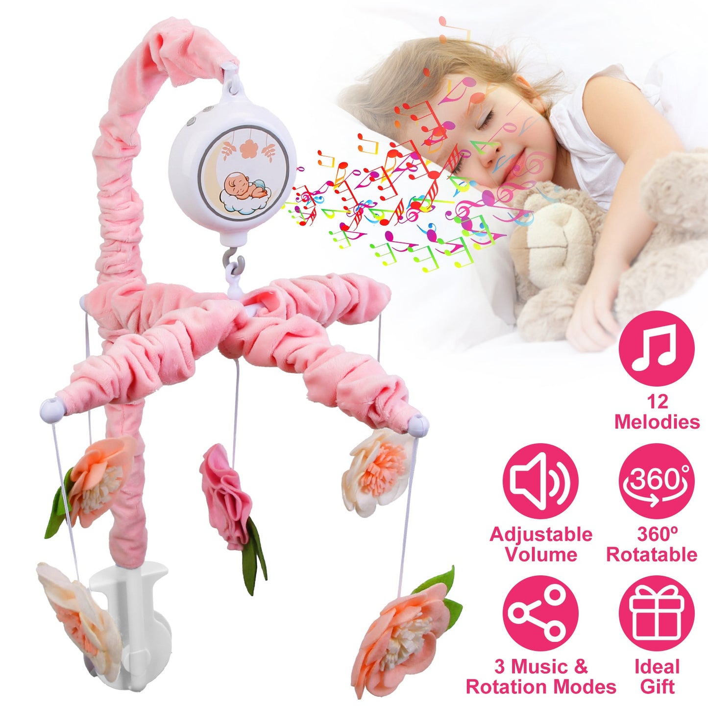 Musical Crib Mobile with 12 Melodies & Flower Rattles