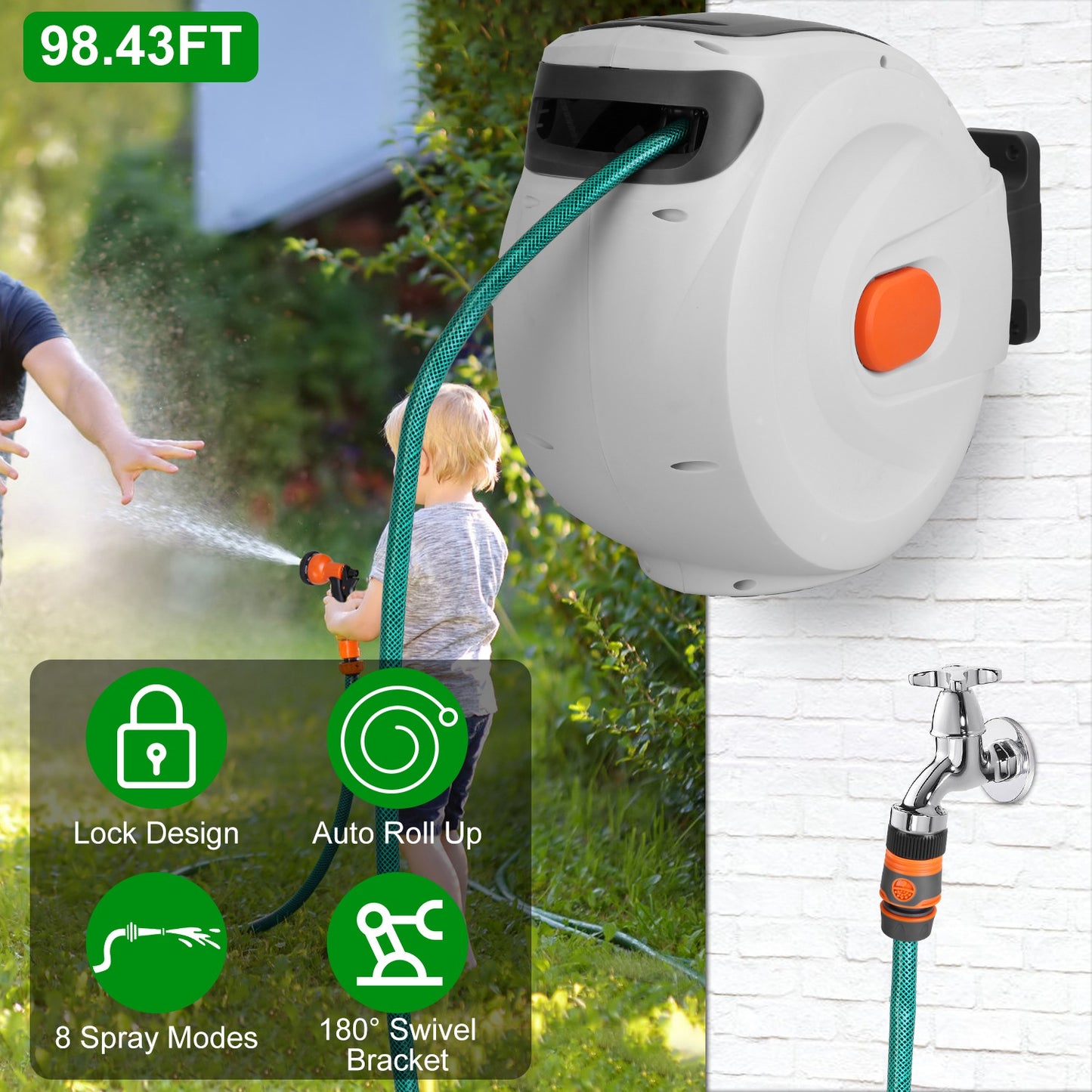 Retractable Garden Hose Reel 98ft Wall Mounted Auto Rewind