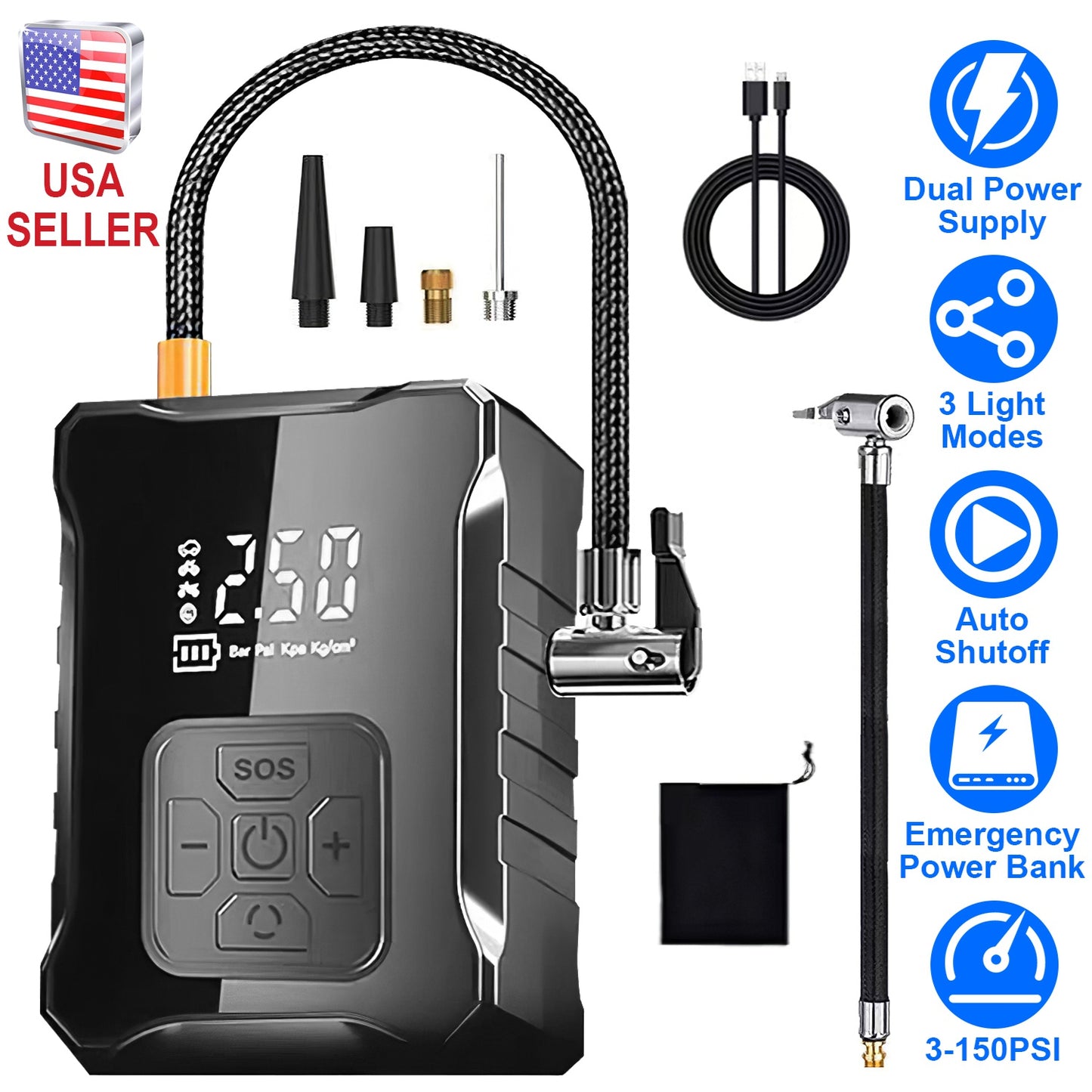 Cordless Tire Inflator 150PSI with LED Light & Power Bank