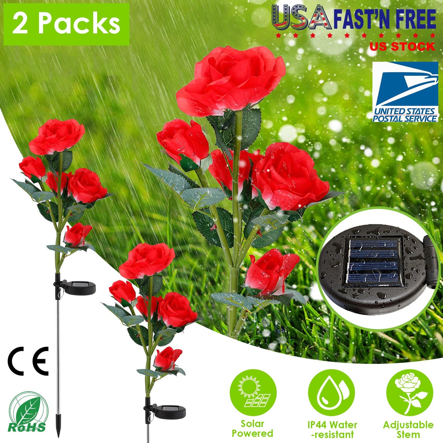 Solar Rose Flower Stake Lights - 2 Pack Outdoor Garden Decor