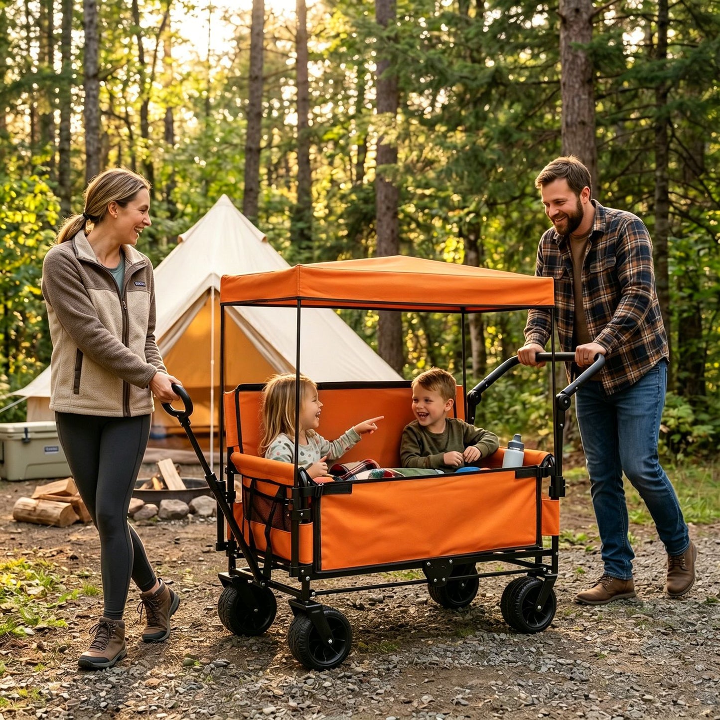 Folding Wagon Cart with Bench Seat & Canopy, 500lbs Capacity