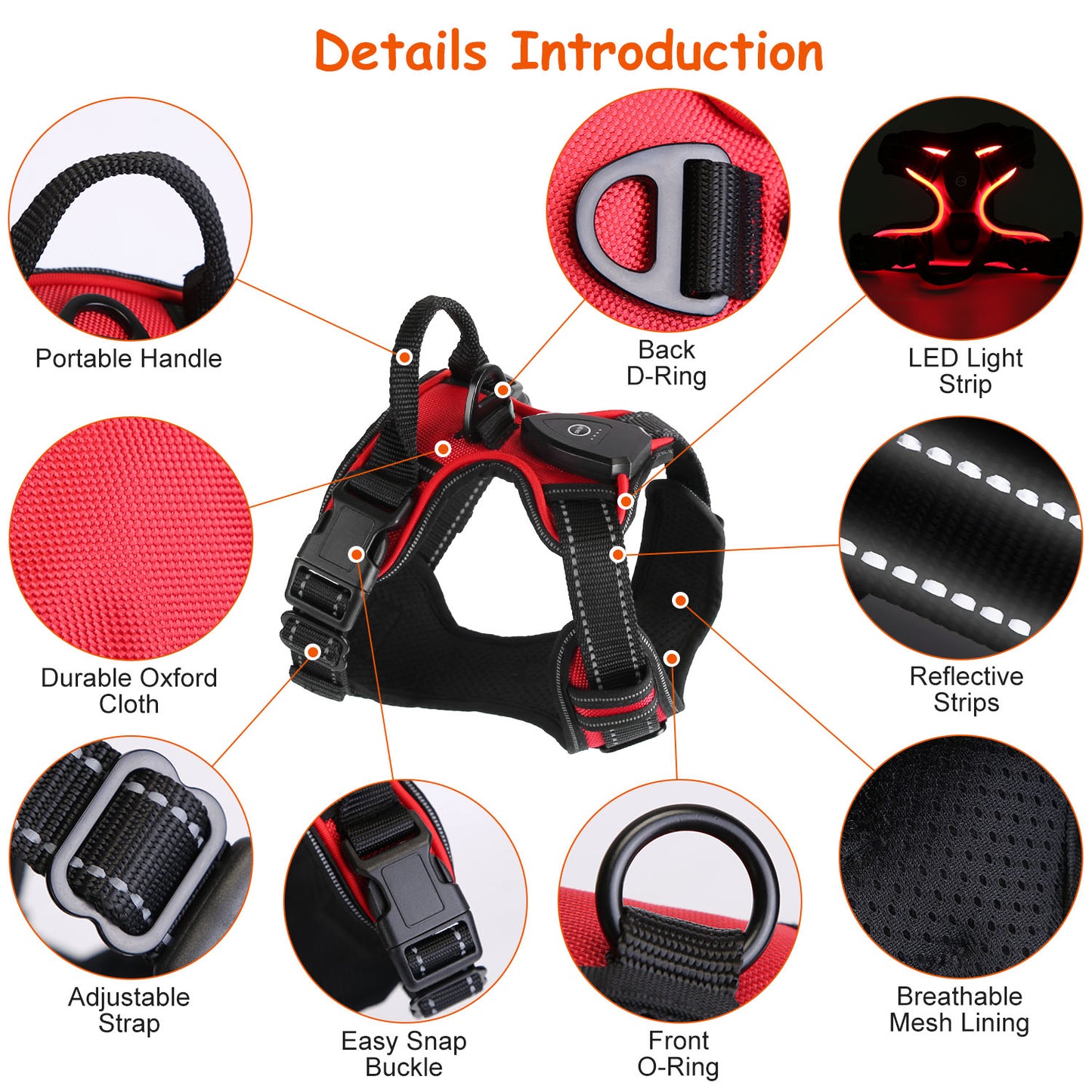 LED Dog Harness Rechargeable No-Pull Vest with Handle