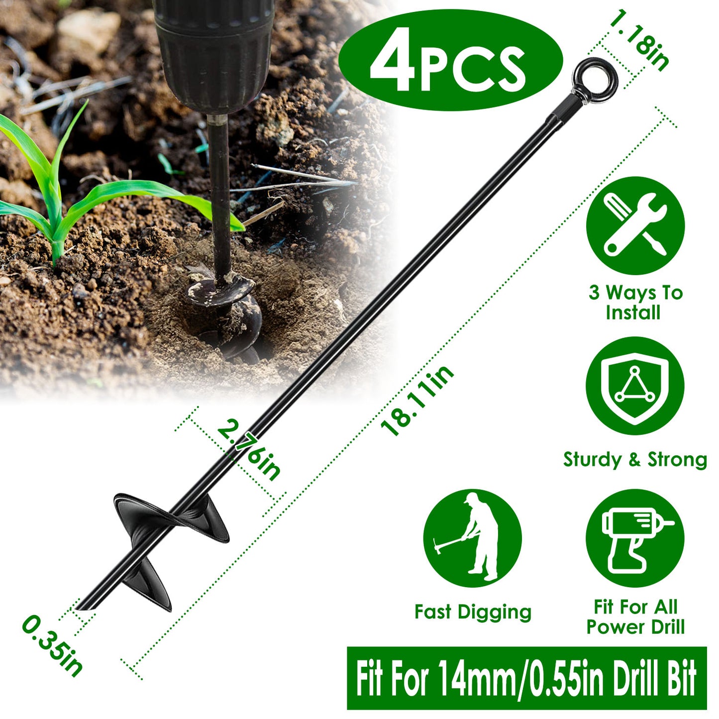 Ground Auger Stakes 4-Pack Heavy Duty 18" Steel Drill Bits