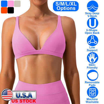 Women Deep V-Neck Sports Bras U-Shaped Back Sport Bras Padded Strappy Crop Open Back Low Impact Bras Sexy Fitness Tank Tops with Removable Pads for Gy