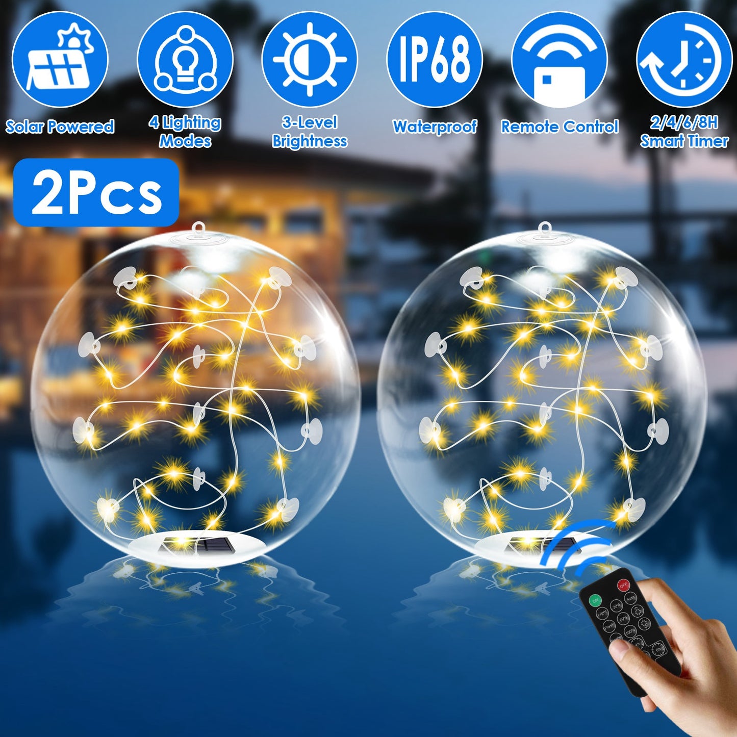 Solar Floating Pool Lights 14in with Remote Control (2-Pack)