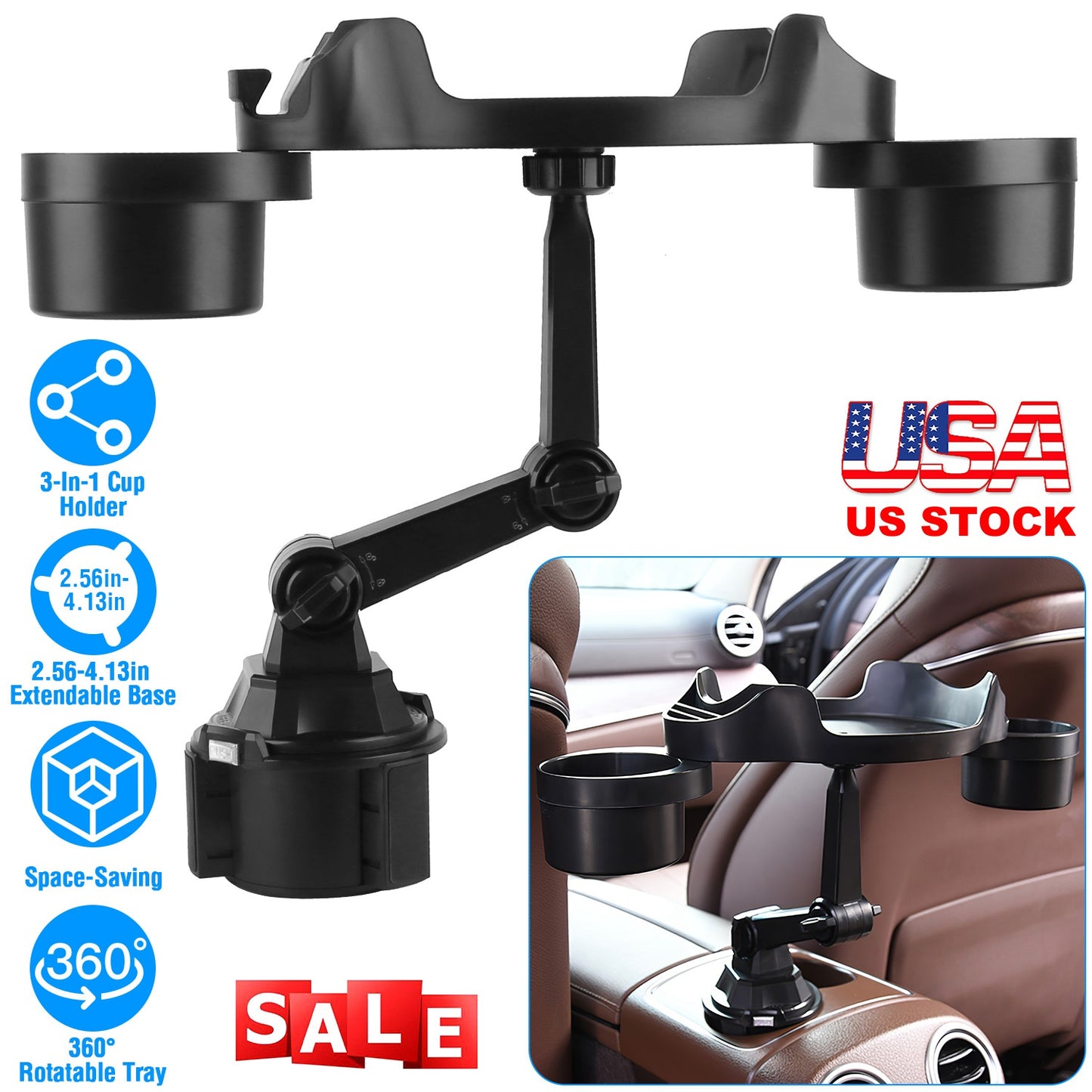 Car Cup Holder Expander with 360° Rotating Tray & Phone Slot