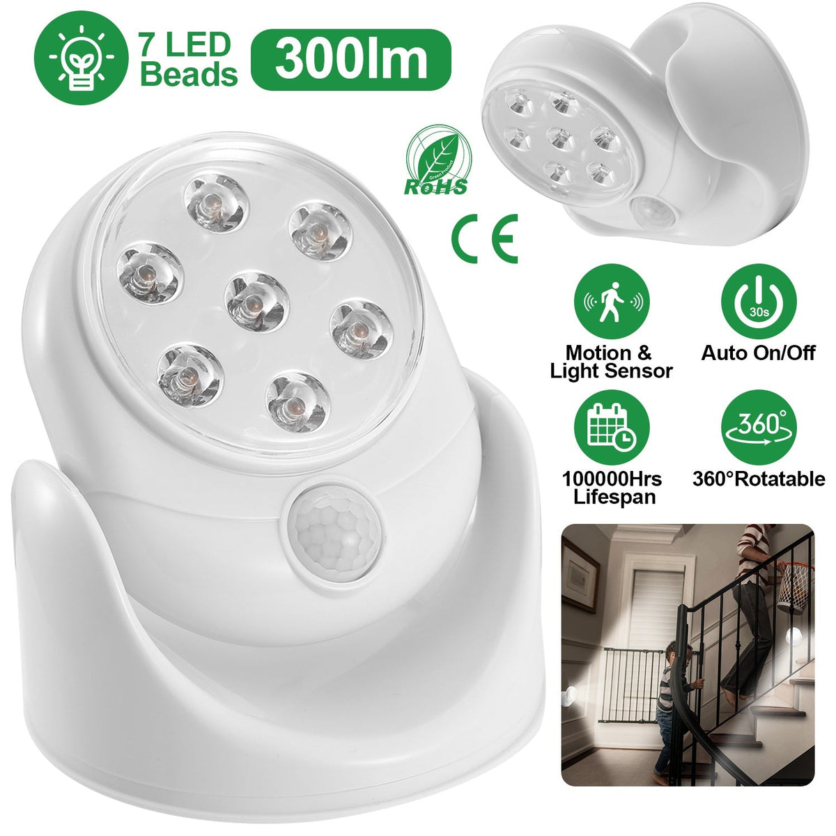 Wireless LED Spotlight 90 ¡ Motion Sensor Night Lamp 360¡Rotate Cordless Stairs Lights Battery Operated w/23ft Sensing Range for Closet Bathroom