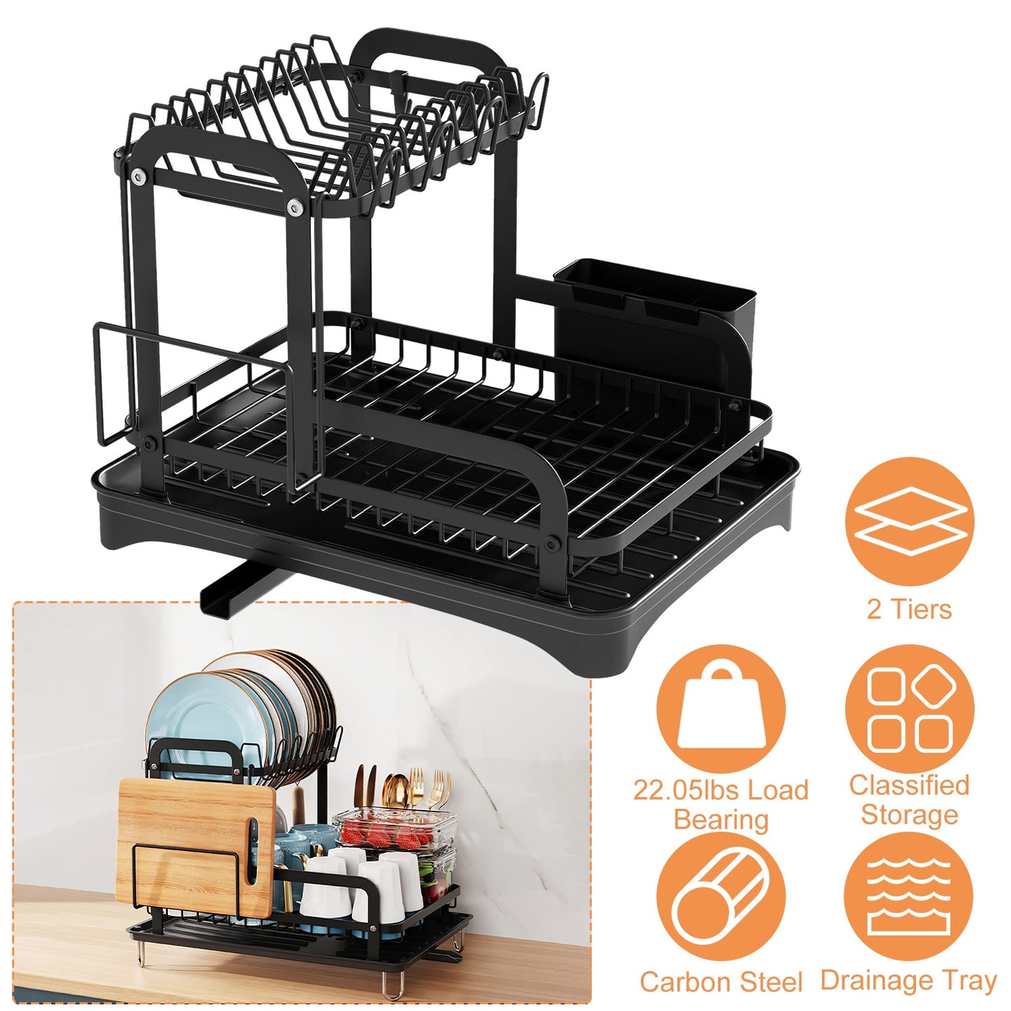 2-Tier Dish Drying Rack with Drainboard and Utensil Holder