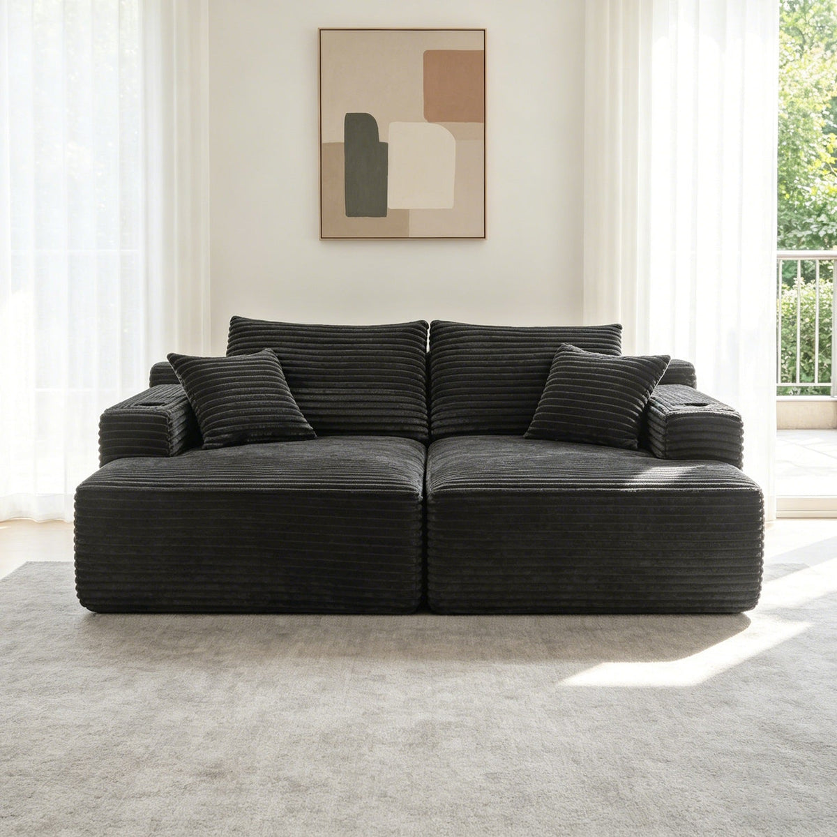 Sectional Couch with Double Chaise Lounge and Cup Holders