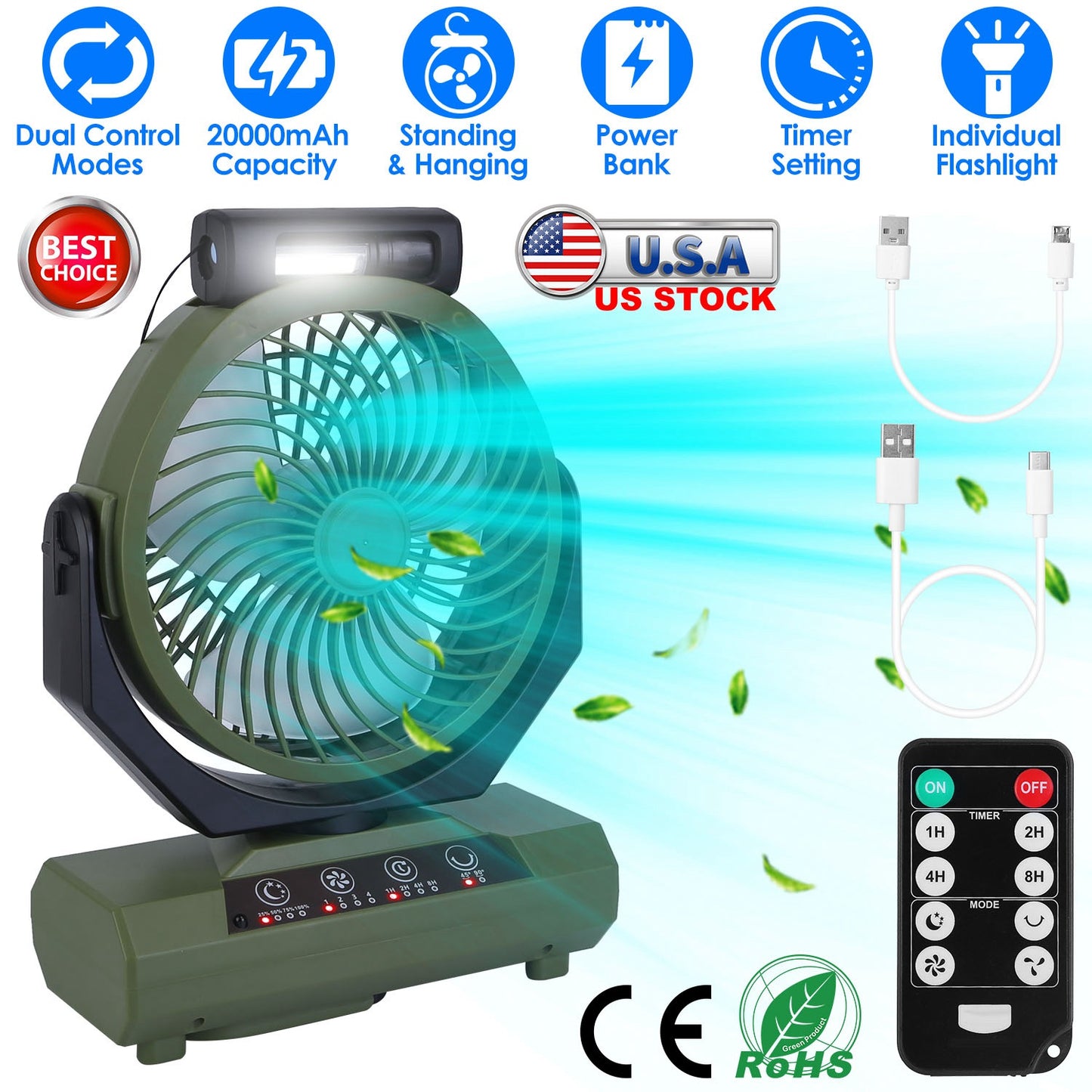 Rechargeable Camping Fan with Flashlight & Power Bank 20000mAh