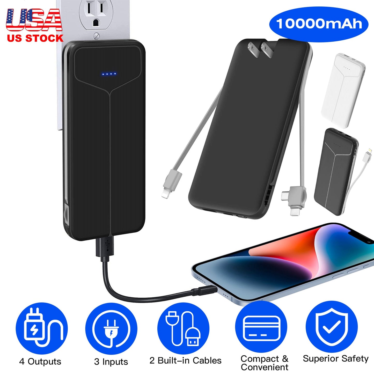 10000mAh Power Bank with Built-In Cables & US Plug