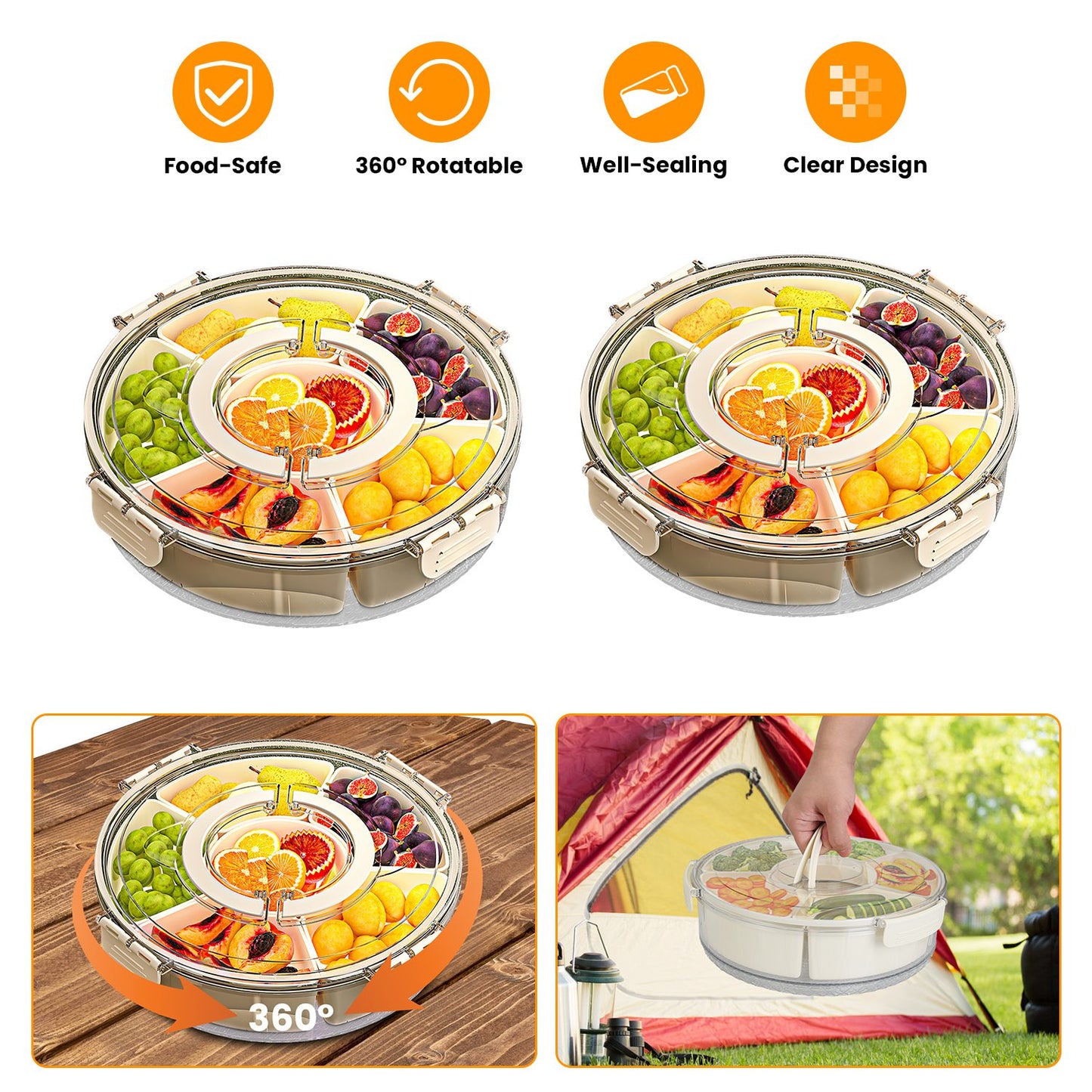 Divided Serving Tray with Lid - 6 Compartments, Rotatable