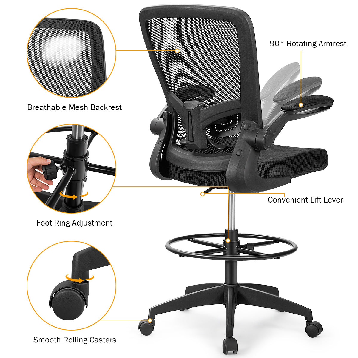 Drafting Chair with Flip-Up Arms and Adjustable Height