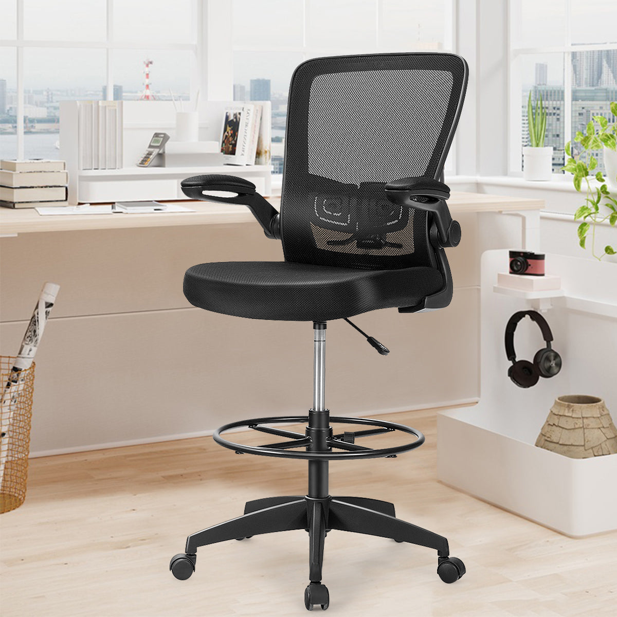 Drafting Chair with Flip-Up Arms and Adjustable Height
