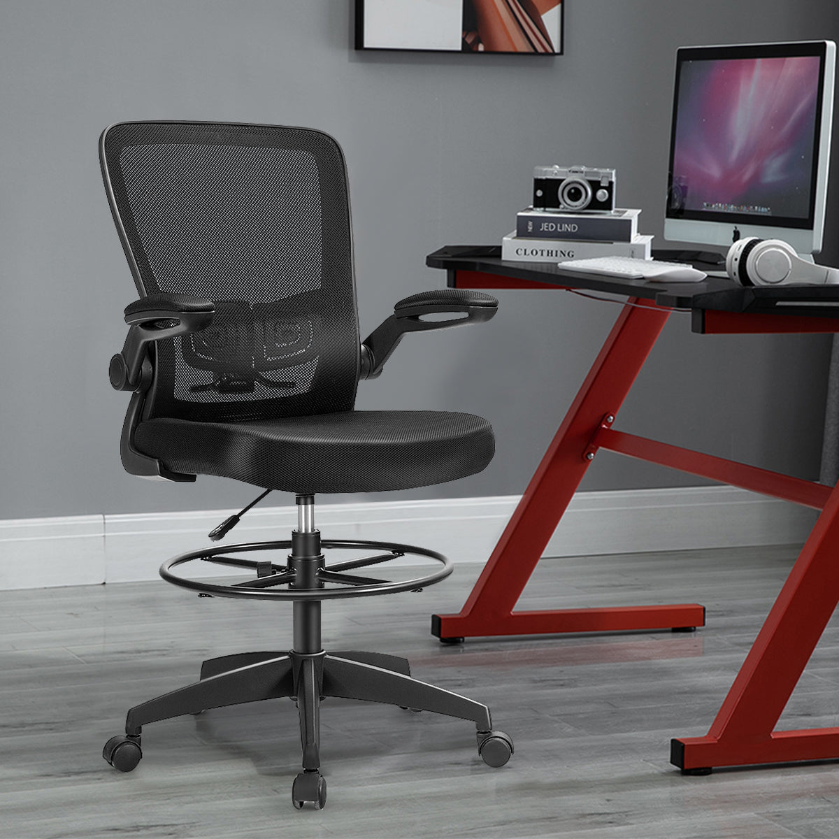 Drafting Chair with Flip-Up Arms and Adjustable Height