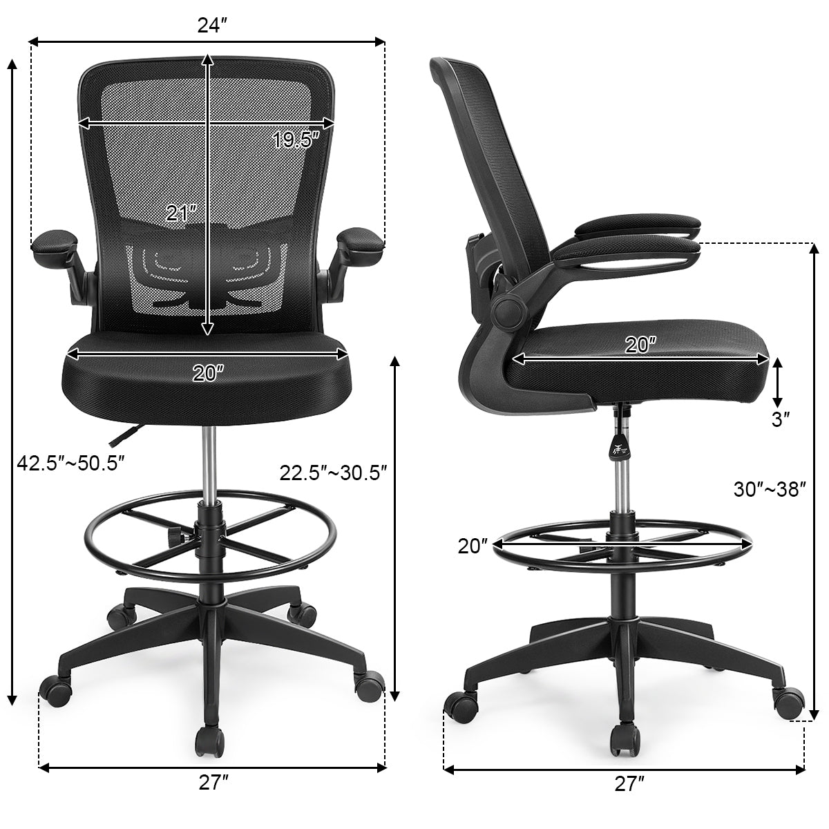 Drafting Chair with Flip-Up Arms and Adjustable Height