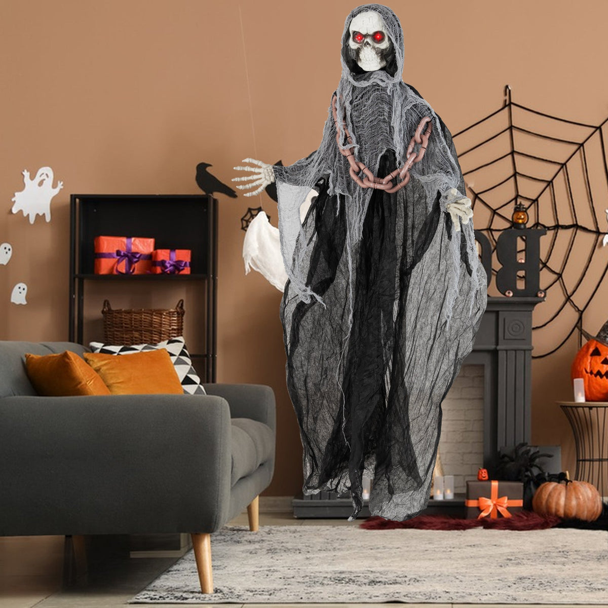 6.4 Feet Halloween Standing Grim Reaper with Lighted Eyes and Terrifying Sounds