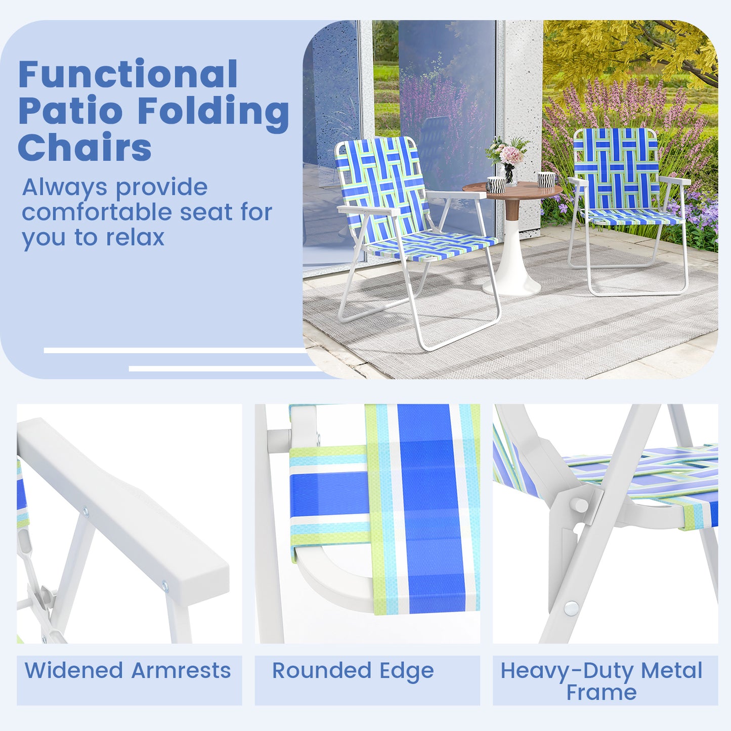 Folding Beach Chair with Steel Frame and Webbing - 2 Pack
