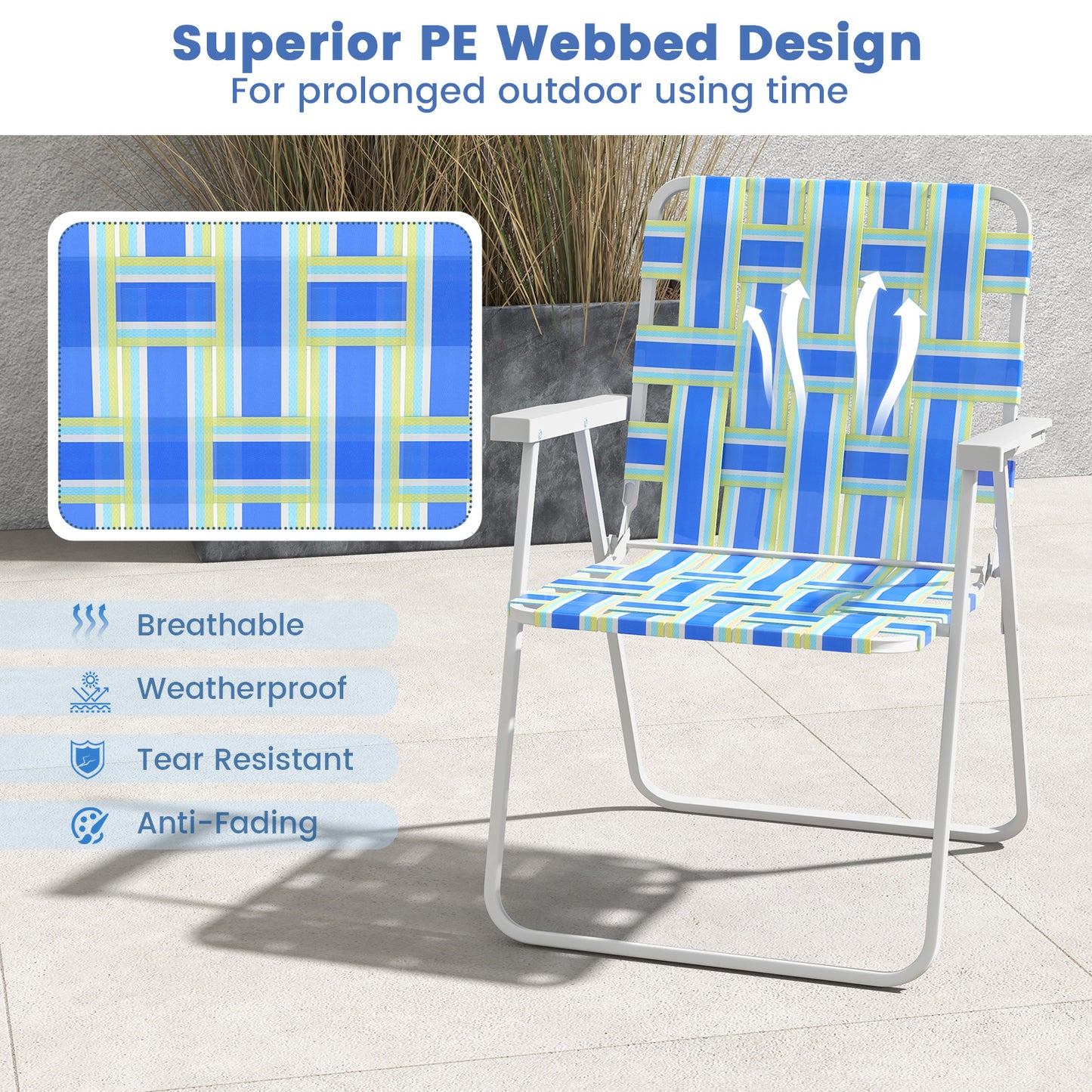 Folding Beach Chair with Steel Frame and Webbing - 2 Pack