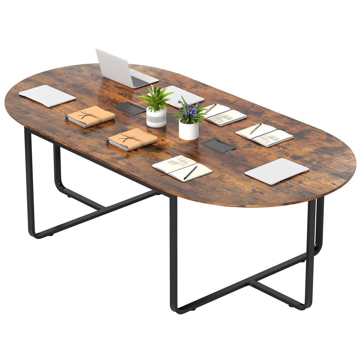95 Inches Oval Conference Industrial Executive Table with Dual Cable Holes-Rustic Brown