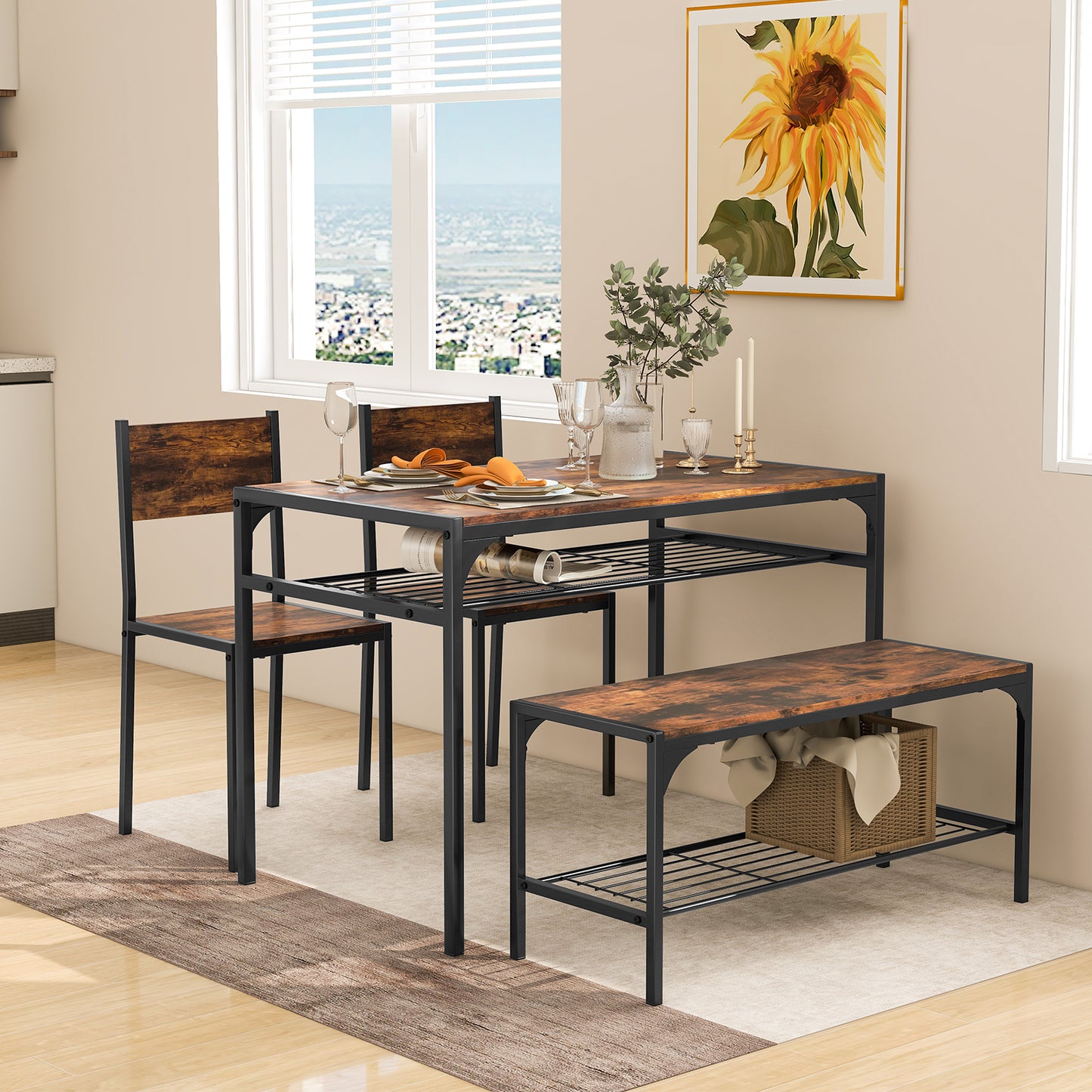 Rectangular Dining Table Set with Bench and 2 Chairs