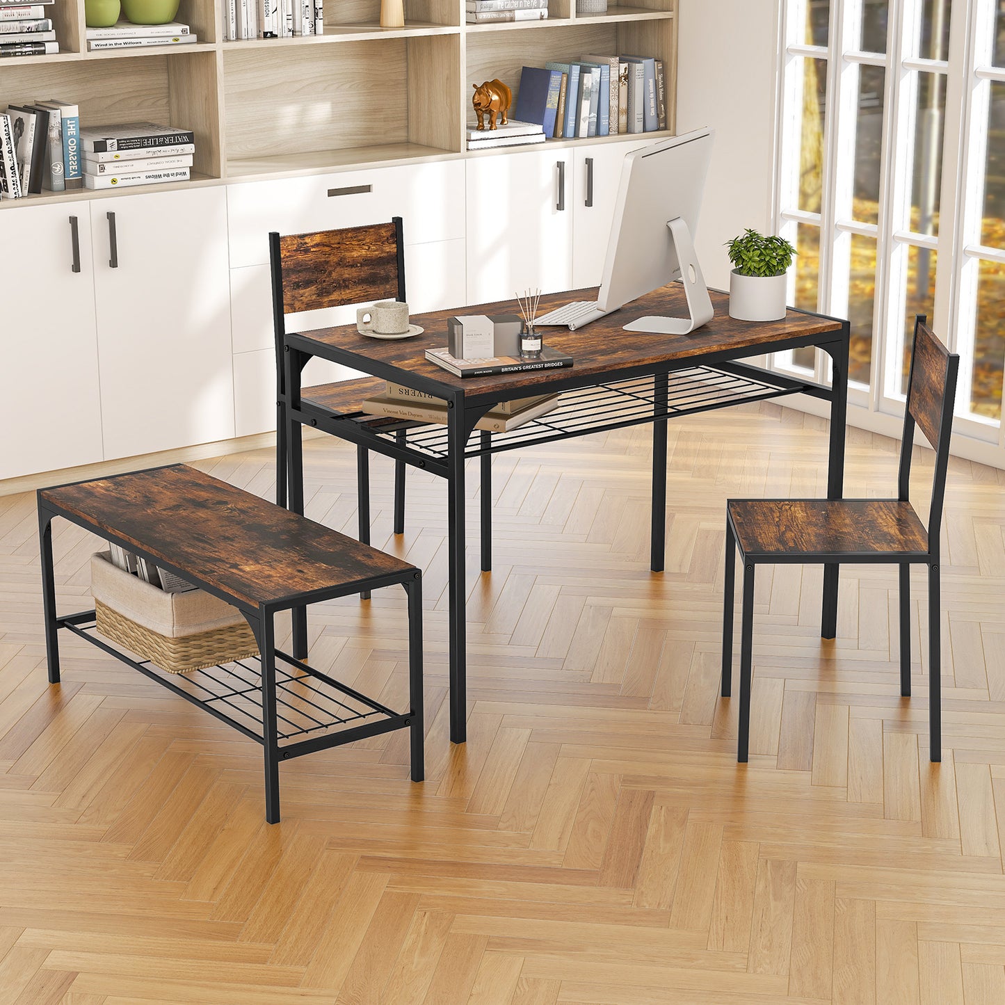 Rectangular Dining Table Set with Bench and 2 Chairs