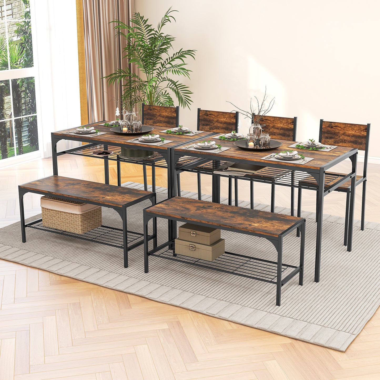 Rectangular Dining Table Set with Bench and 2 Chairs