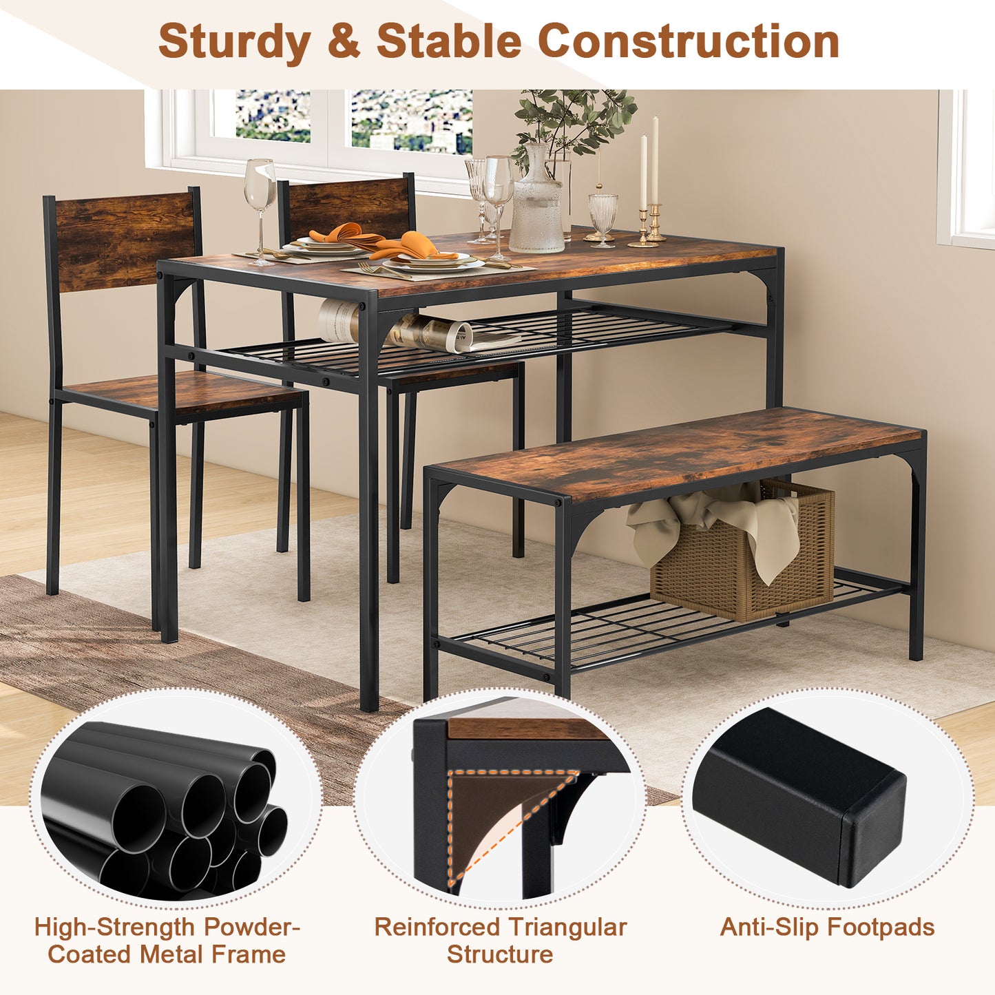 Rectangular Dining Table Set with Bench and 2 Chairs