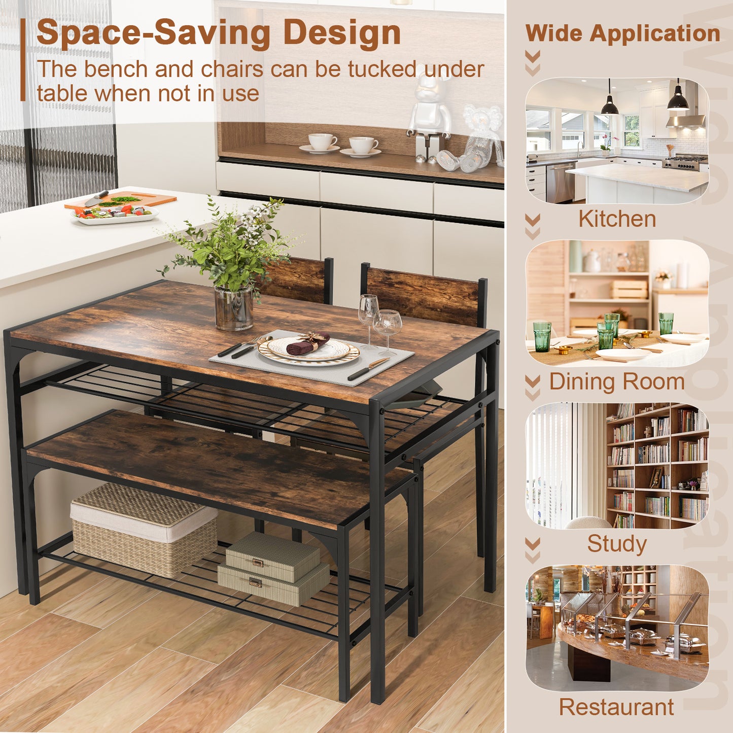 Rectangular Dining Table Set with Bench and 2 Chairs