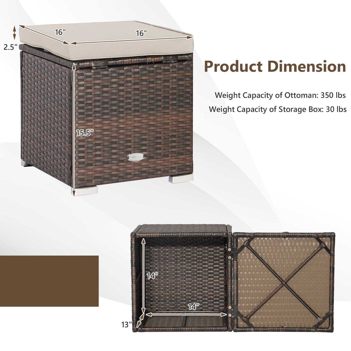 Patio Ottoman Set with Removable Cushions & Storage (2-Piece)