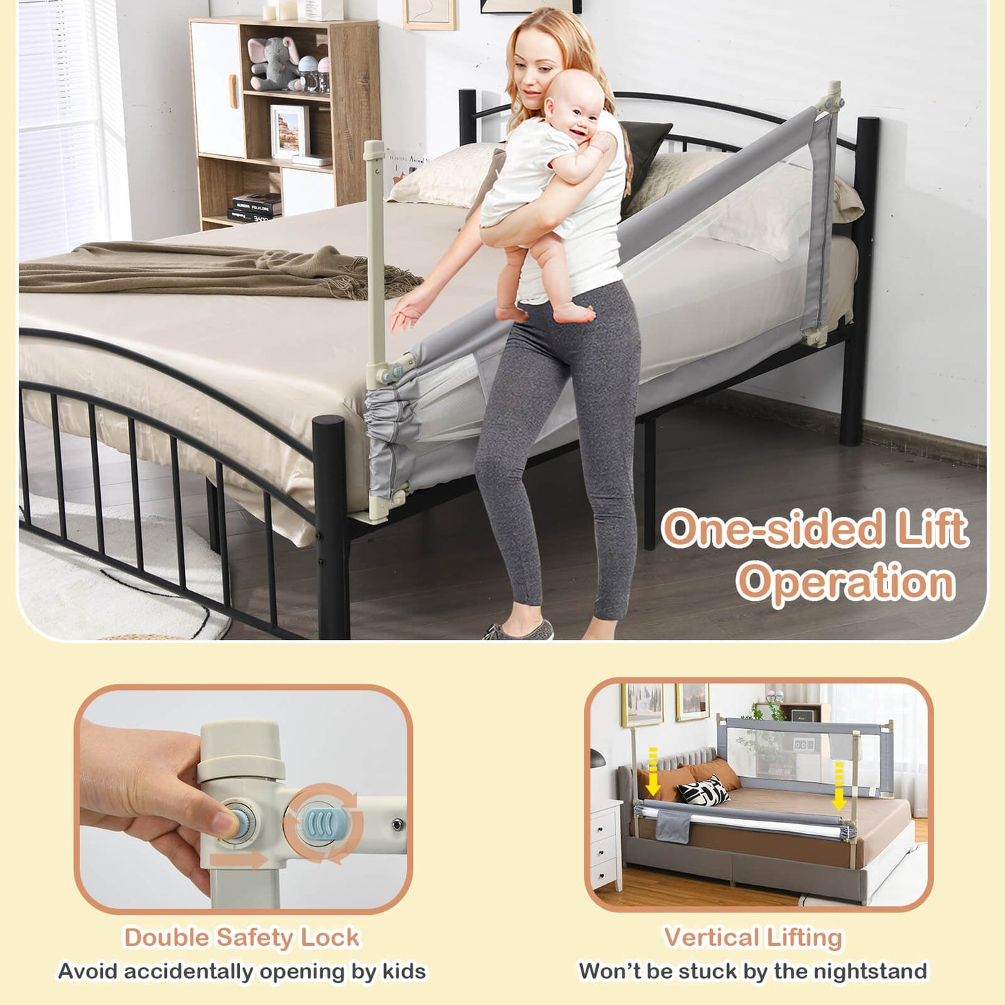 76.8 Inch Baby Bed Rail with Double Safety Child Lock