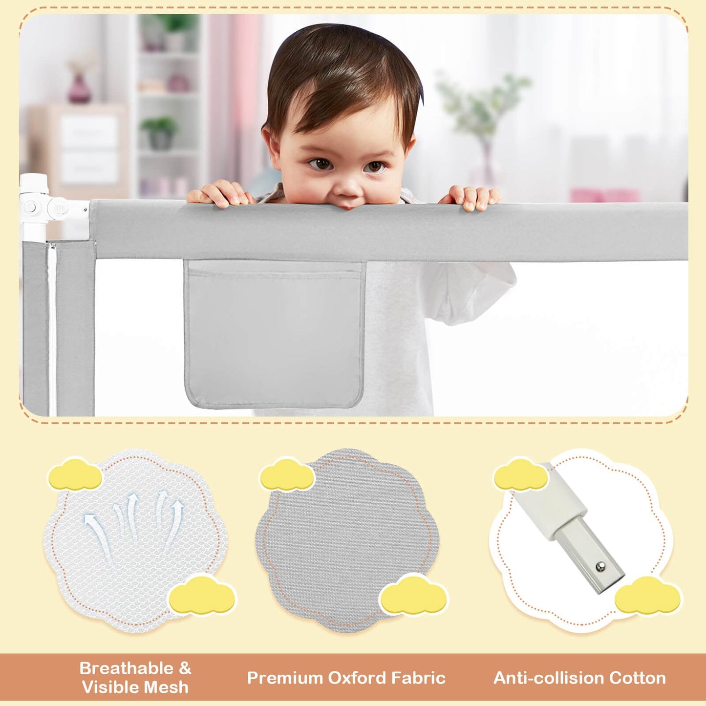 76.8 Inch Baby Bed Rail with Double Safety Child Lock
