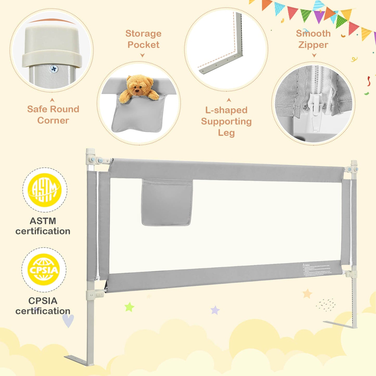 76.8 Inch Baby Bed Rail with Double Safety Child Lock