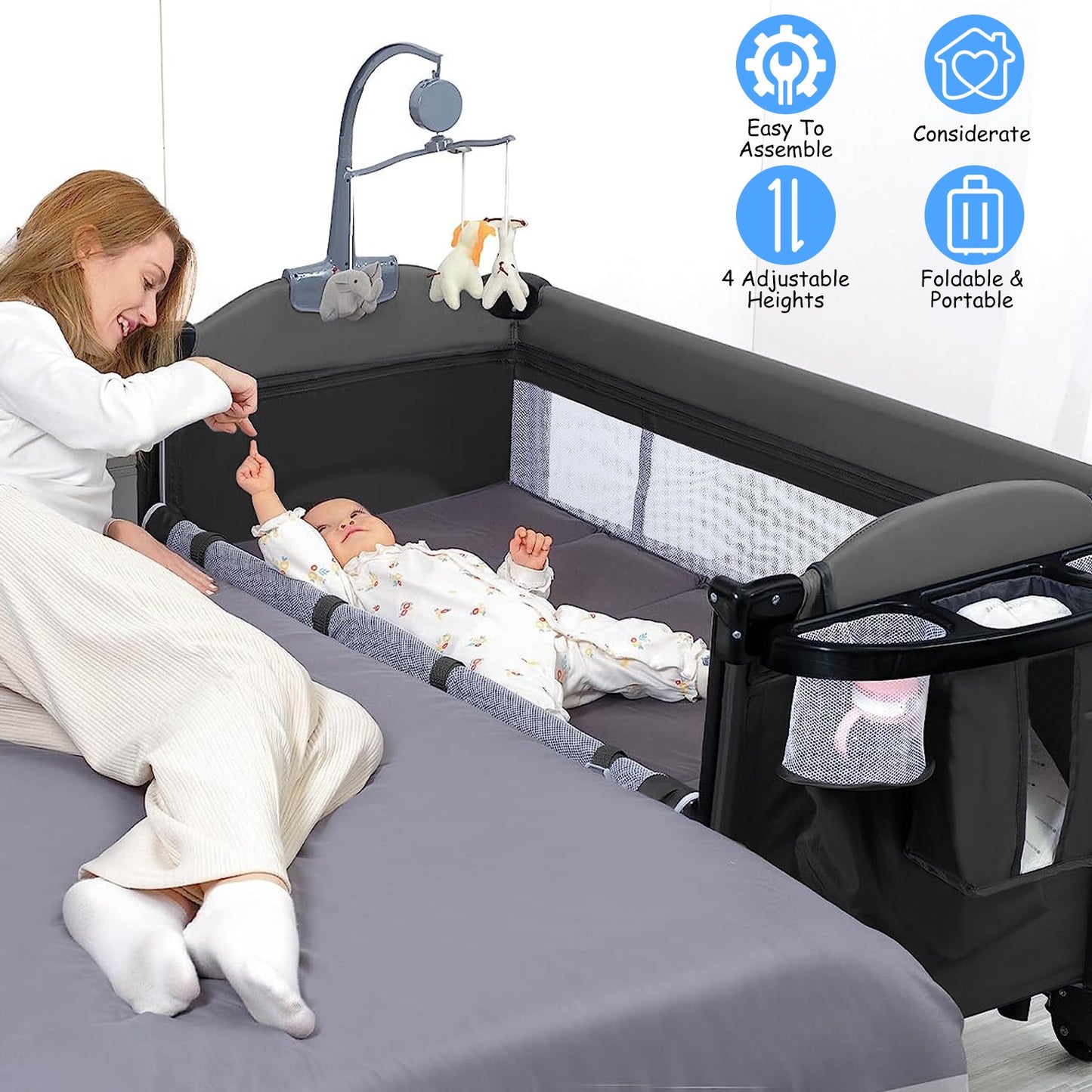 6-in-1 Foldable Baby Crib with Changing Table & Activity Center