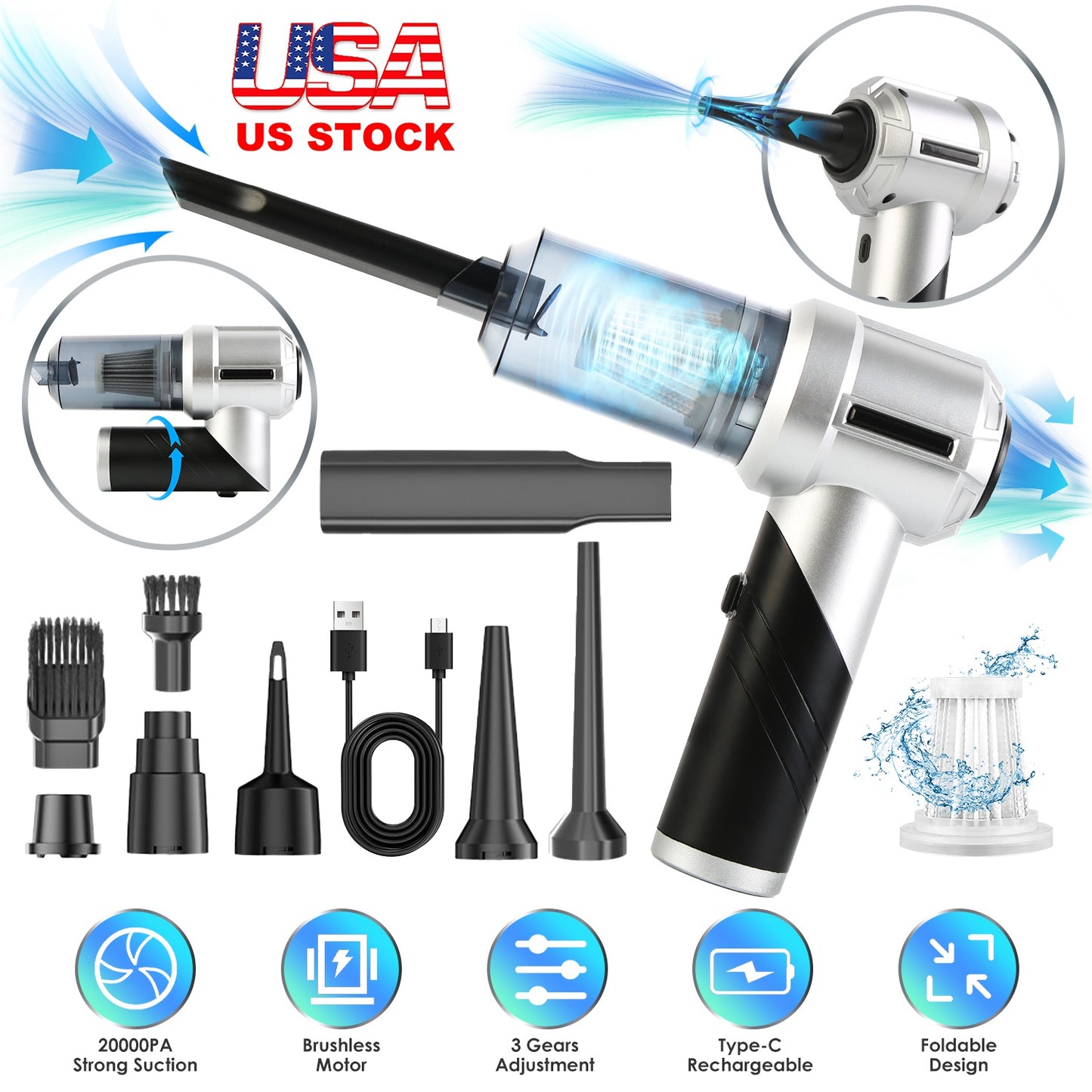 Cordless Car Vacuum Cleaner with 20000PA Suction & Brushless Motor
