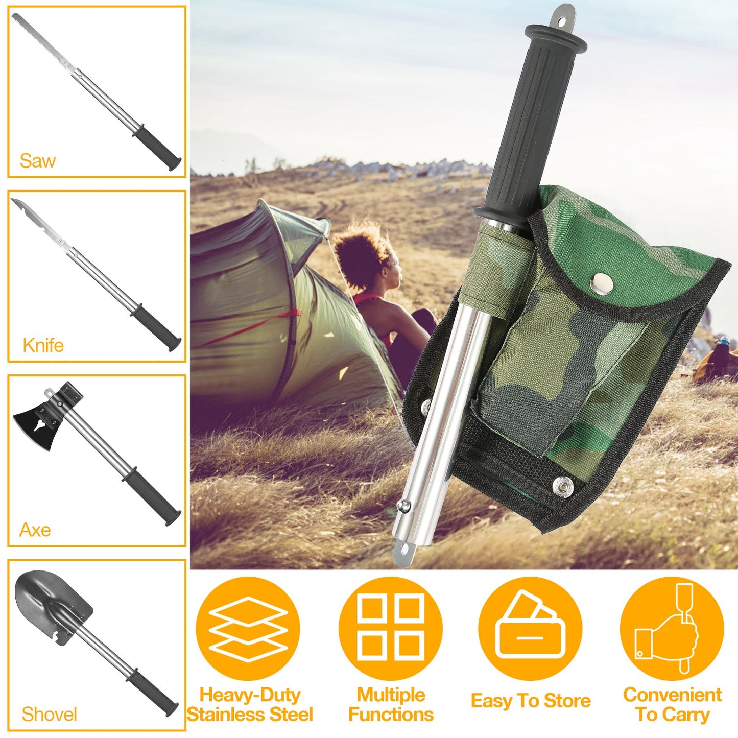 6-in-1 Multi-Tool Survival Kit with Shovel, Axe, Knife & Saw