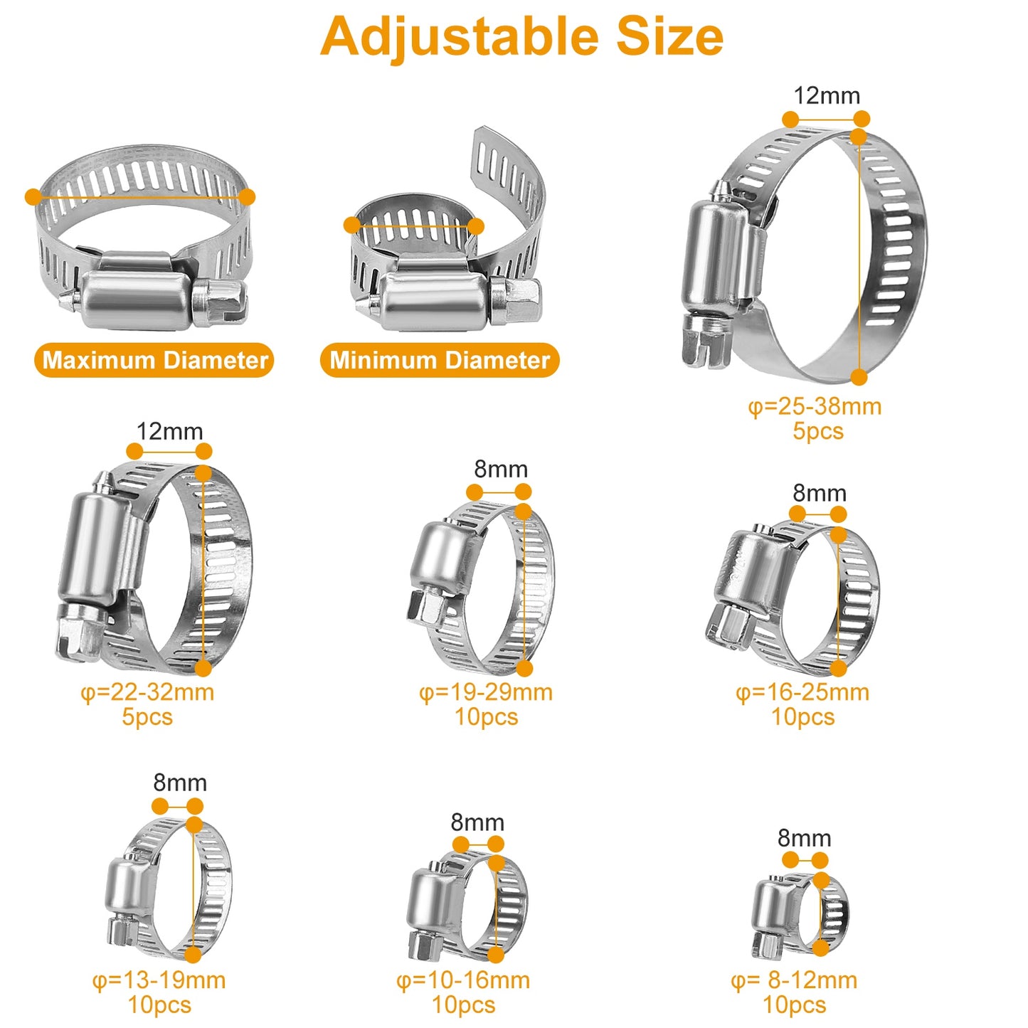 Hose Clamp Set 60-Piece Stainless Steel Adjustable Kit