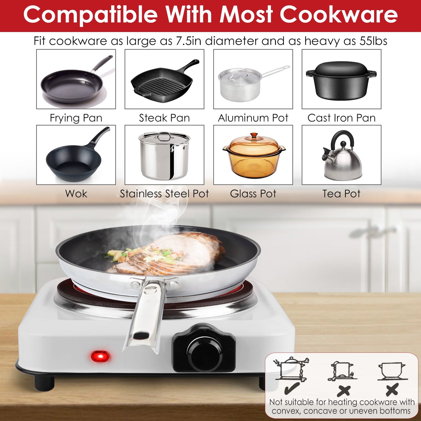 1000W Infrared Single Burner Hot Plate with Glass Cooktop