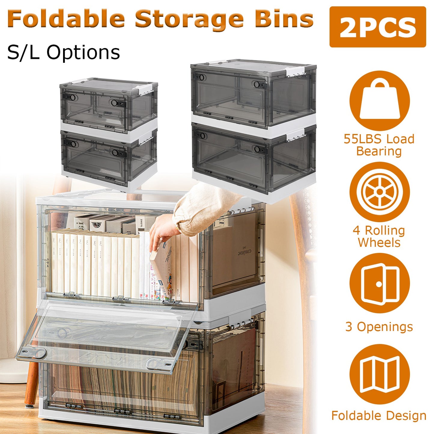 Foldable Storage Bins with Wheels - 2 Pack Stackable Organizer