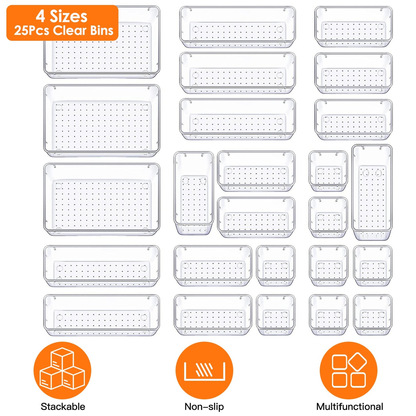 Clear Drawer Organizers Set - 25 Piece Storage Bins