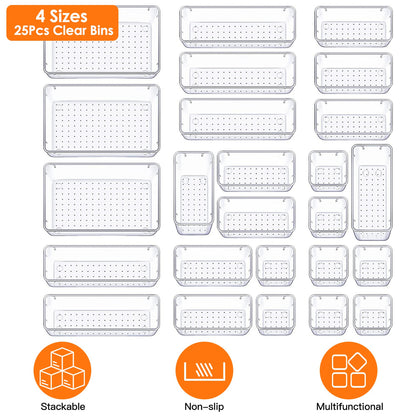Clear Drawer Organizers Set - 25 Piece Storage Bins