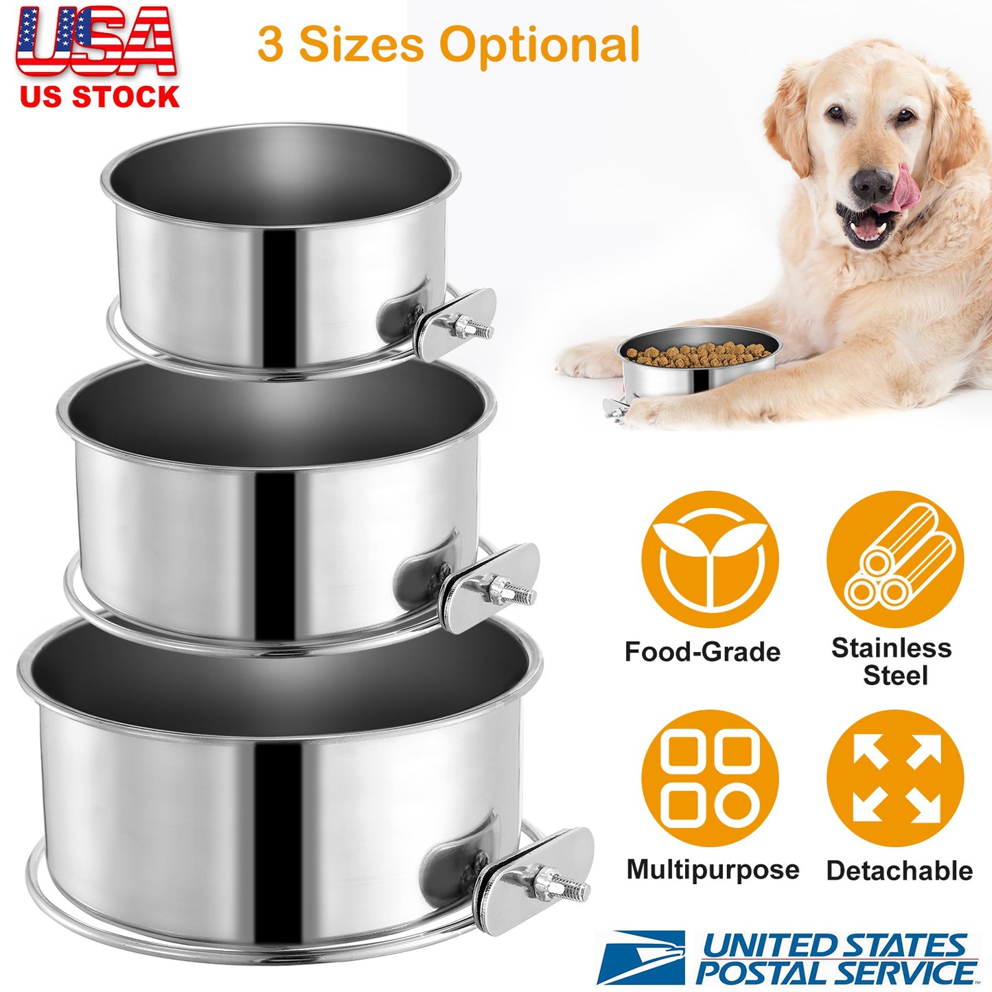 Stainless Steel Hanging Dog Bowl with Clamp Holder
