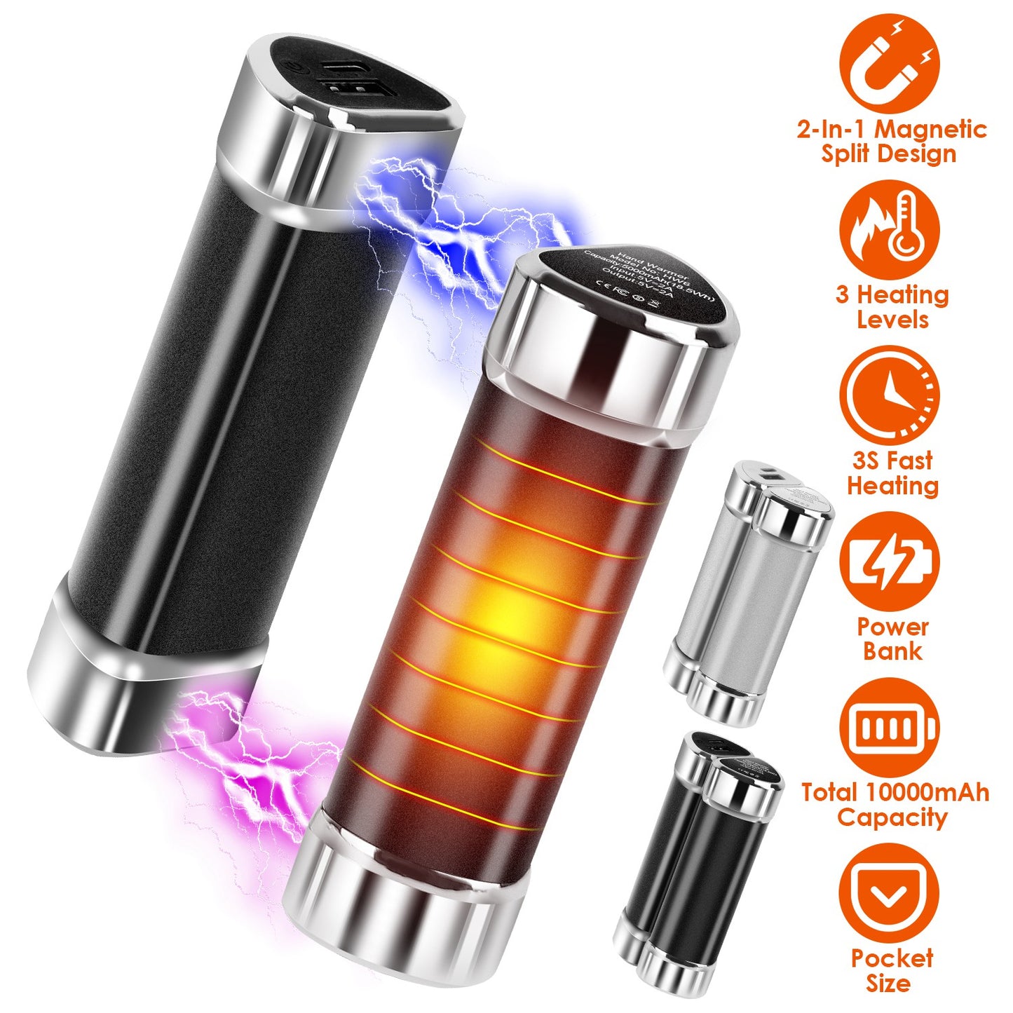Magnetic Hand Warmers 2-Pack with 10000mAh Power Bank