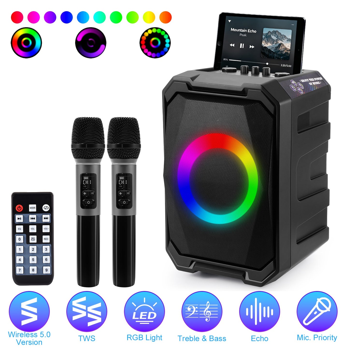Portable Wireless Party Speaker with LED Lights & 2 Mics