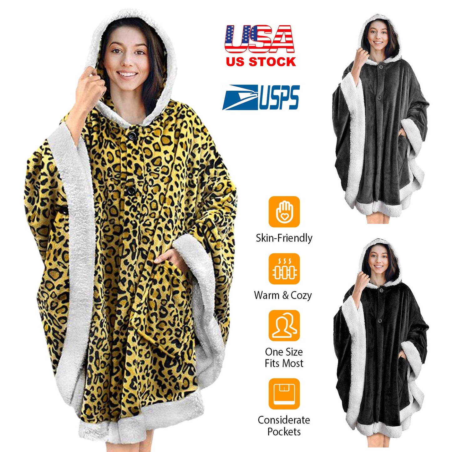 Hoodie Blanket Wrap Wearable Hoodie Snuggle Robe Sweatshirt Soft Lined Cuddle Poncho Cape w/ Hat 2 Pockets Buttons
