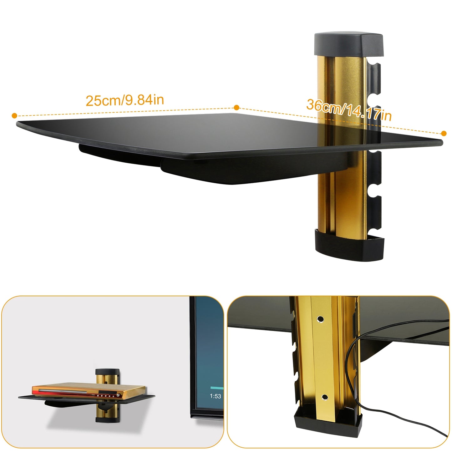 Tempered Glass Wall Shelf with Cable Management - 22lb Capacity