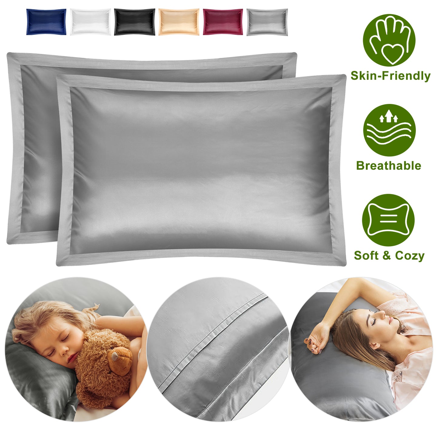 Satin Pillowcases Queen Size - 2 Pack Silky Smooth